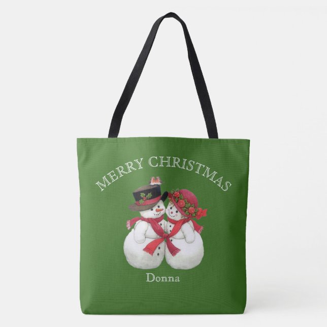 Snowman Couple, Merry Christmas Tote Bag (Front)