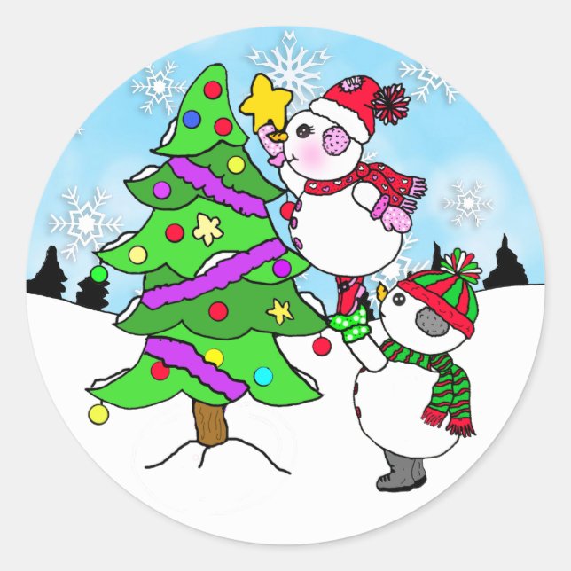 Snowman Couple putting Star on Christmas Tree Classic Round Sticker (Front)