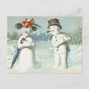Snowman Couple Winter Snow Field Postcard