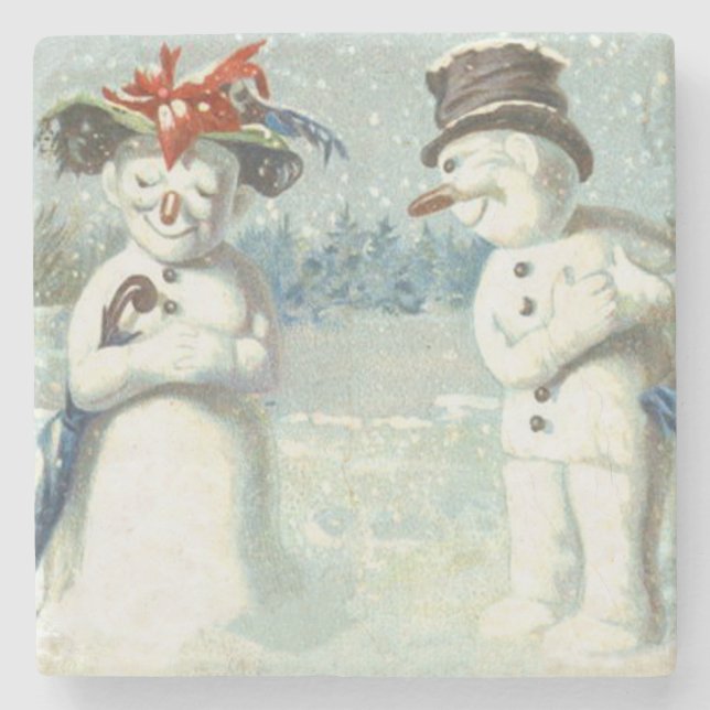 Snowman Couple Winter Snow Field Stone Coaster (Front)
