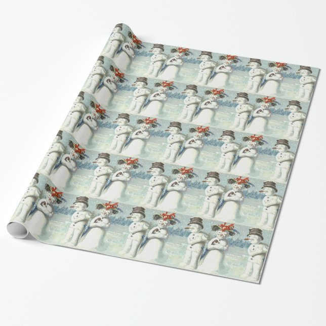 Snowman Couple Winter Snow Field Wrapping Paper (Unrolled)