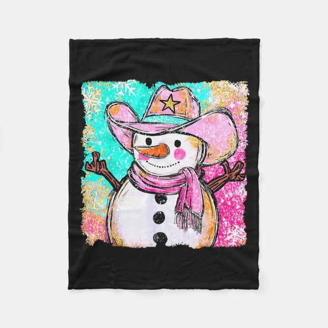 Snowman Cowboy Western Brushstroke Watercolor Xmas Fleece Blanket (Front)