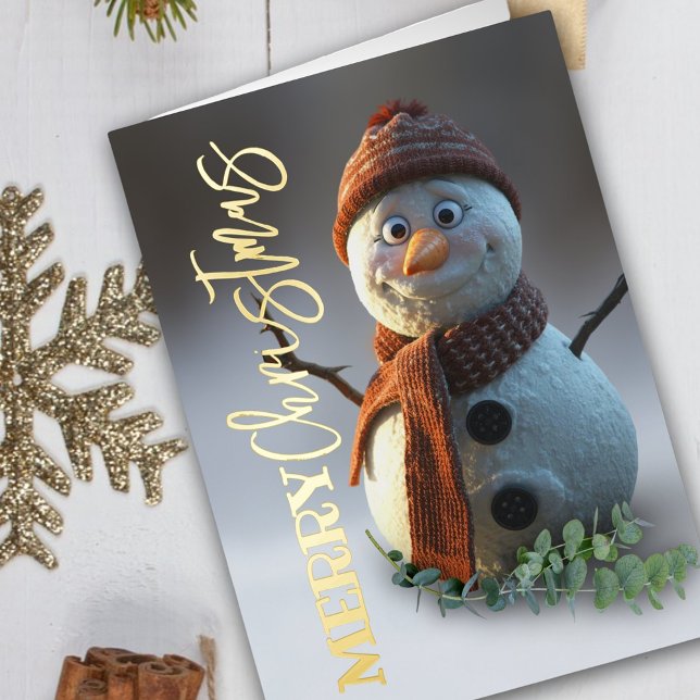 Snowman cozy handwritten script merry christmas  foil greeting card (Luxury gold foil script, merry christmas card)
