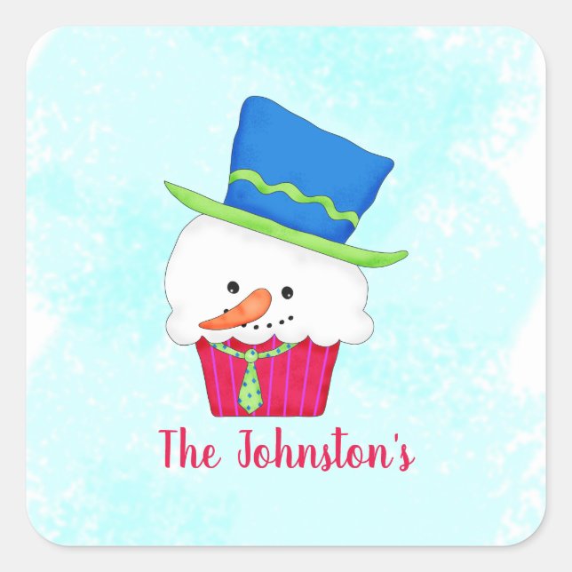 Snowman Cupcake Name Personalized Dessert Party Square Sticker (Front)
