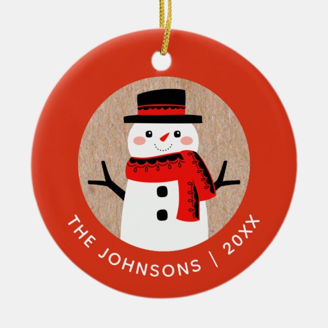 Snowman Cute Christmas Holiday Personalised Ceramic Tree Decoration (Front)