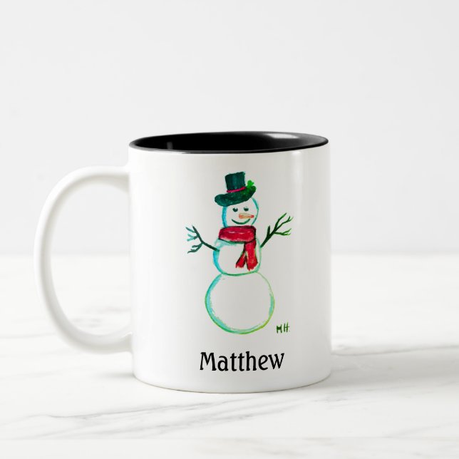 Snowman Cute Face Kids Children Winter Snowmen Two-Tone Coffee Mug (Left)