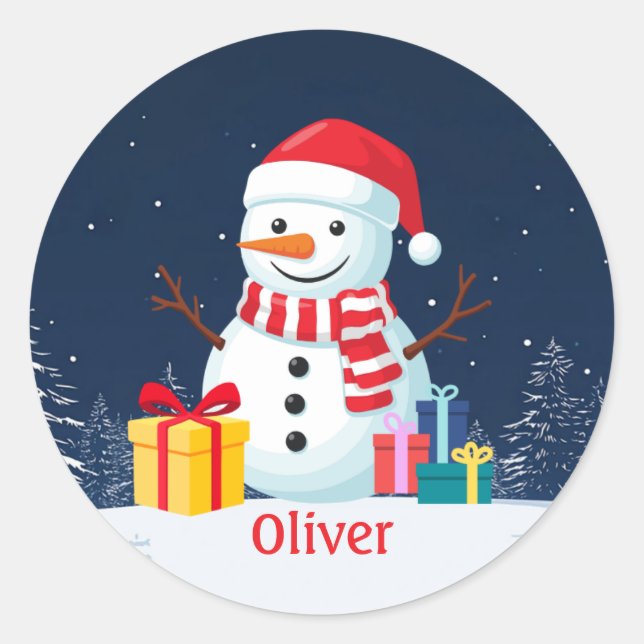 Snowman Cute Personalized Christmas Holiday Classic Round Sticker (Front)