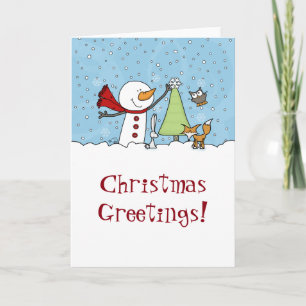 Snowman Decorates Tree with Woodland Creatures Holiday Card
