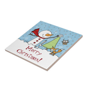 Snowman Decorates Tree with Woodland Creatures Tile