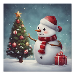 Snowman Decorating Christmas Tree  Poster