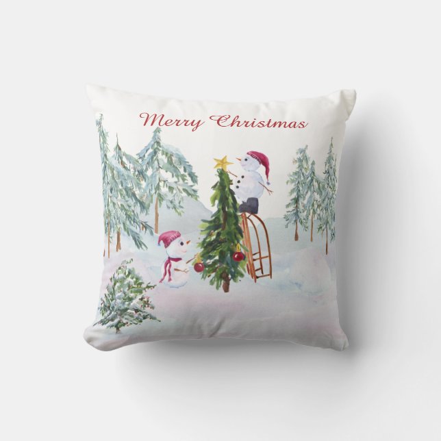 Snowman Decorating Christmas Tree Winter Scene Cushion (Front)