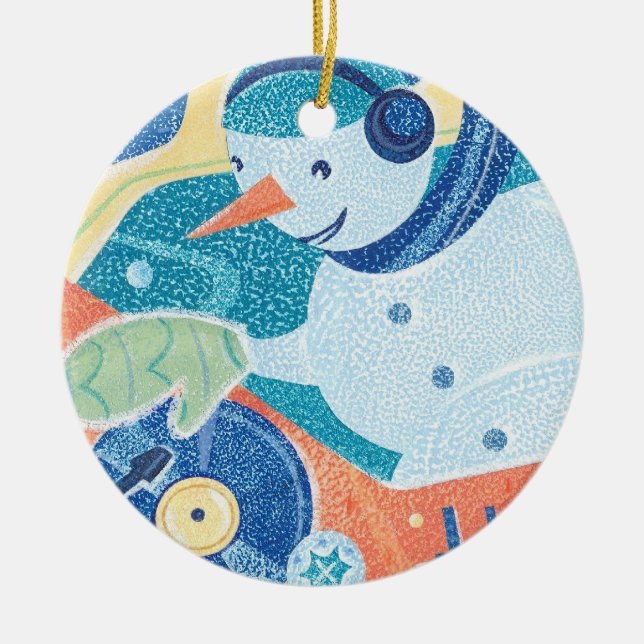 Snowman DJ Holiday Dance Party Ceramic Tree Decoration (Front)