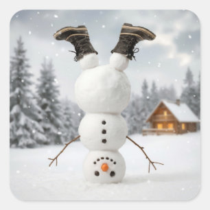 Snowman Doing a Headstand  Square Sticker