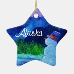 Snowman Dreams Ceramic STAR Ornament with ALASKA
