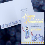 Snowman Dreidels Blue Childs Name Hanukkah Gold Foil Greeting Card<br><div class="desc">These cute add a name Happy Hanukkah greeting cards can be customised by you for your granddaughter, grandson, niece, nephew or other family designation. Printed with real gold foil accents, this personalised Chanukah card features a happy little snowman with his two matching dreidels in soft blues and purple all on...</div>