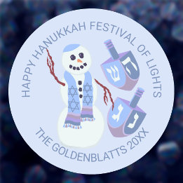 Snowman Dreidels Cute Blue Any Text Hanukkah Classic Round Sticker