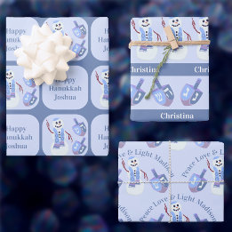 Snowman Dreidels Cute Happy Hanukkah Kids Name Wrapping Paper Sheet