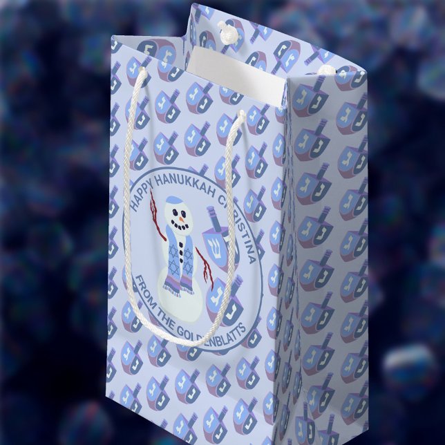 Snowman Dreidels Fun Blue Pattern Cute Hanukkah Small Gift Bag (Personalized Hanukkah gift bags will add a custom touch to your gift giving and celebrations)