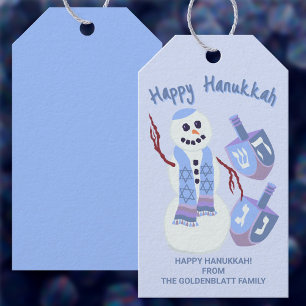 Snowman Dreidels Hanukkah Cute Fun Blue And White Gift Tags