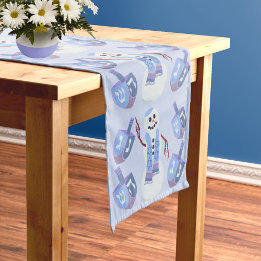 Snowman Dreidels Jewish Holiday Blue Hanukkah Medium Table Runner