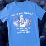 Snowman Dreidels Jewish Holiday Hanukkah Funny<br><div class="desc">This personalised funny Hanukkah T-Shirt is great as a treat for yourself or as a gift. Designed with white text for dark shirts, the main design is a snowman waving hello flanked by matching dreidels in blues and purple, one on each side. A whimsical handwritten font at the top and...</div>