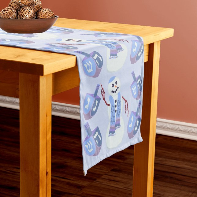 Snowman Dreidels Optional Monogram Blue Hanukkah Long Table Runner (Add your monogram initial to the center of this Hanukkah table runner for a custom touch)