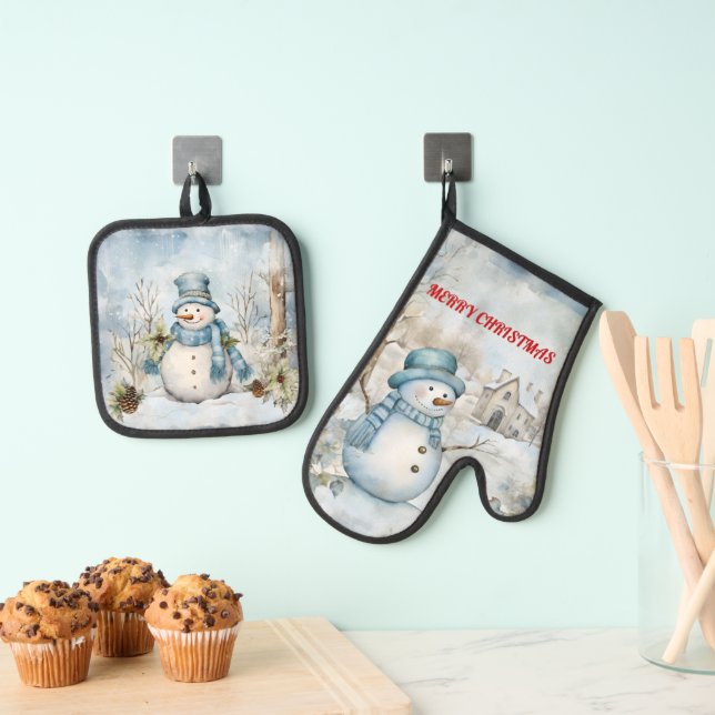 Snowman Dressed In Blue Oven Mitt & Pot Holder Set (Insitu(Hanging))
