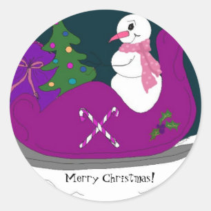 Snowman Driving a Sleigh Classic Round Sticker