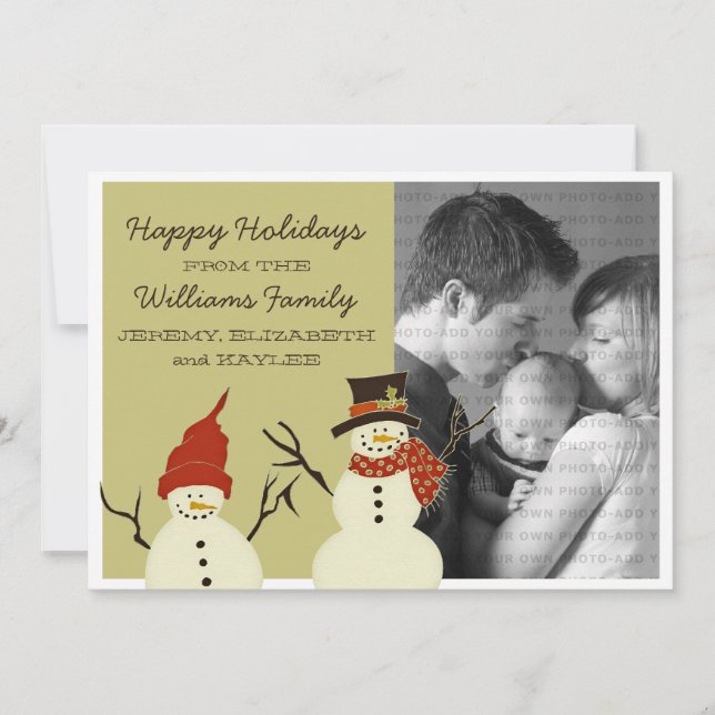 Snowman Duo Holiday Flat Card, Sage (Front)