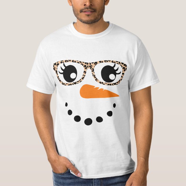 Snowman Face Carrot Nose Eyelashes Leopard Glasses T-Shirt (Front)