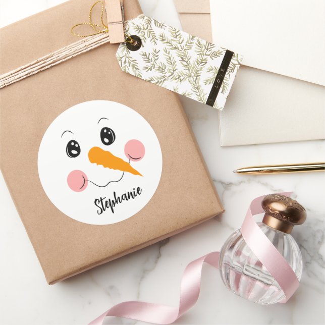 Snowman Face Cute Festive Personalised name Classic Round Sticker (Gifting)