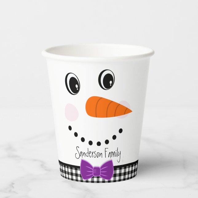 Snowman Face Purple Bowtie Black Buffalo Plaid Paper Cups (Front)