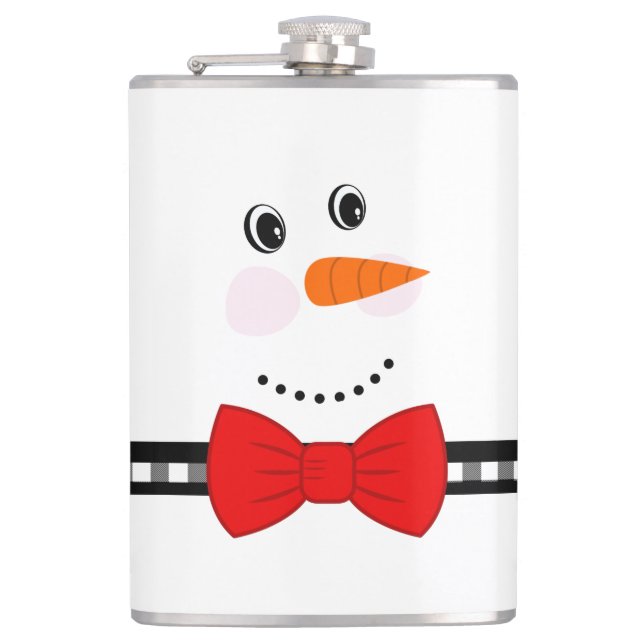 Snowman Face Red Bowtie Black Buffalo Plaid Hip Flask (Front)
