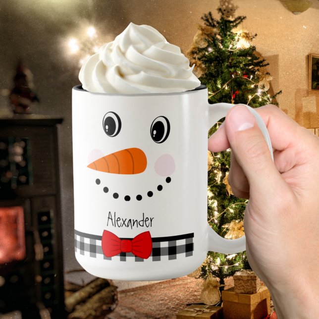 Snowman Face Red Bowtie Black Buffalo Plaid Trim Two-Tone Coffee Mug (Creator Uploaded)