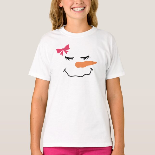 Snowman Face Smile Pink Ribbon T-Shirt (Front)
