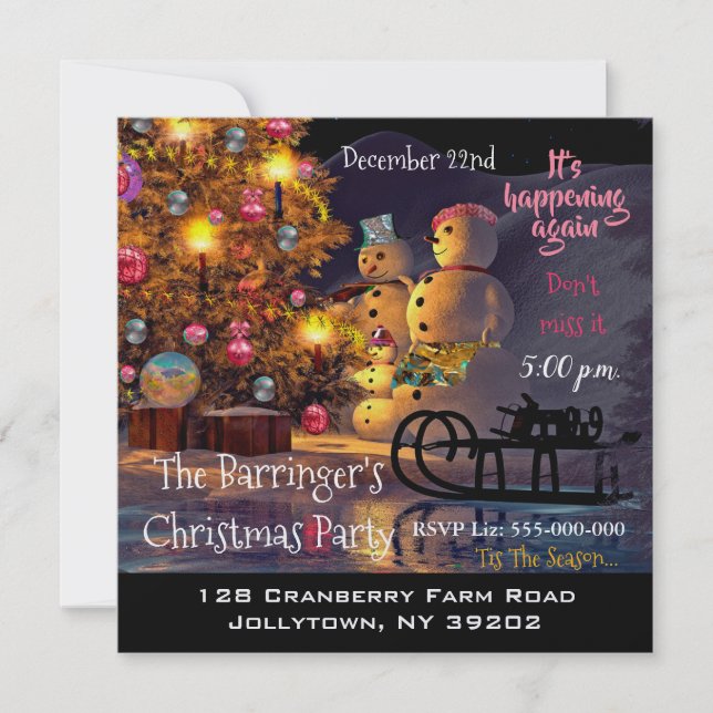 Snowman Family Beautiful Christmas Party Invitation (Front)