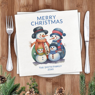 Snowman Family Blue Christmas Party Napkin