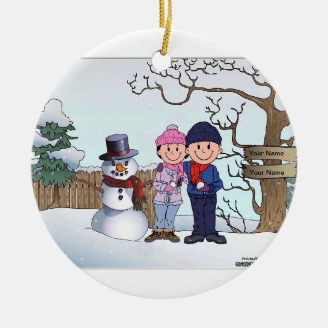 Snowman Family - Couple Ceramic Tree Decoration (Front)