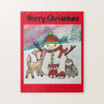 Snowman Family Cute Animals Merry Christmas Jigsaw Puzzle<br><div class="desc">Delight in the festive season with a whimsical group of woodland animals and a cheerful snowman on a Merry Christmas puzzle. Add holiday charm to your home with the winter setting,  baby deer,  red fox and snowy owl in traditional colors of red,  green and white.</div>