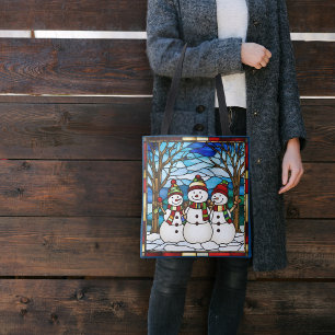 Snowman Family Faux Stained Glass Tote Bag