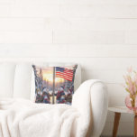 Snowman Family Gathering Around a Flagpole Cushion<br><div class="desc">A family of snowmen stands proudly in front of a tall flagpole,  with the American flag gently waving against a backdrop of snow-covered trees,  as the sun casts a warm glow over the scene</div>