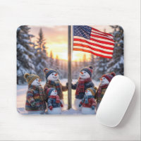 Snowman Family Gathering Around a Flagpole