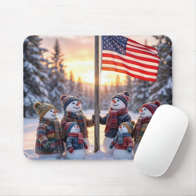 Snowman Family Gathering Around a Flagpole Mouse Mat (With Mouse)