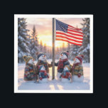 Snowman Family Gathering Around a Flagpole Napkin<br><div class="desc">A family of snowmen stands proudly in front of a tall flagpole,  with the American flag gently waving against a backdrop of snow-covered trees,  as the sun casts a warm glow over the scene</div>