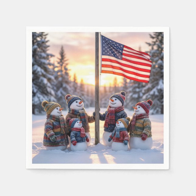 Snowman Family Gathering Around a Flagpole Napkin (Front)