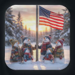 Snowman Family Gathering Around a Flagpole Paper Plate<br><div class="desc">A family of snowmen stands proudly in front of a tall flagpole,  with the American flag gently waving against a backdrop of snow-covered trees,  as the sun casts a warm glow over the scene</div>
