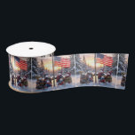 Snowman Family Gathering Around a Flagpole Satin Ribbon<br><div class="desc">A family of snowmen stands proudly in front of a tall flagpole,  with the American flag gently waving against a backdrop of snow-covered trees,  as the sun casts a warm glow over the scene</div>