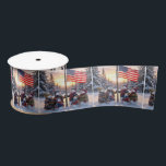 Snowman Family Gathering Around a Flagpole Satin Ribbon<br><div class="desc">A family of snowmen stands proudly in front of a tall flagpole,  with the American flag gently waving against a backdrop of snow-covered trees,  as the sun casts a warm glow over the scene</div>