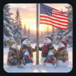 Snowman Family Gathering Around a Flagpole Square Sticker<br><div class="desc">A family of snowmen stands proudly in front of a tall flagpole,  with the American flag gently waving against a backdrop of snow-covered trees,  as the sun casts a warm glow over the scene</div>
