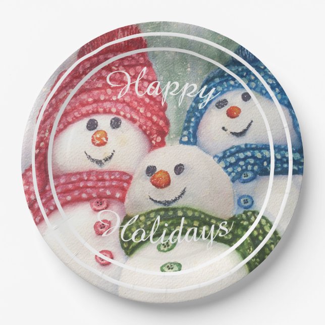 Snowman Family Happy Holiday Party Paper Plate (Front)